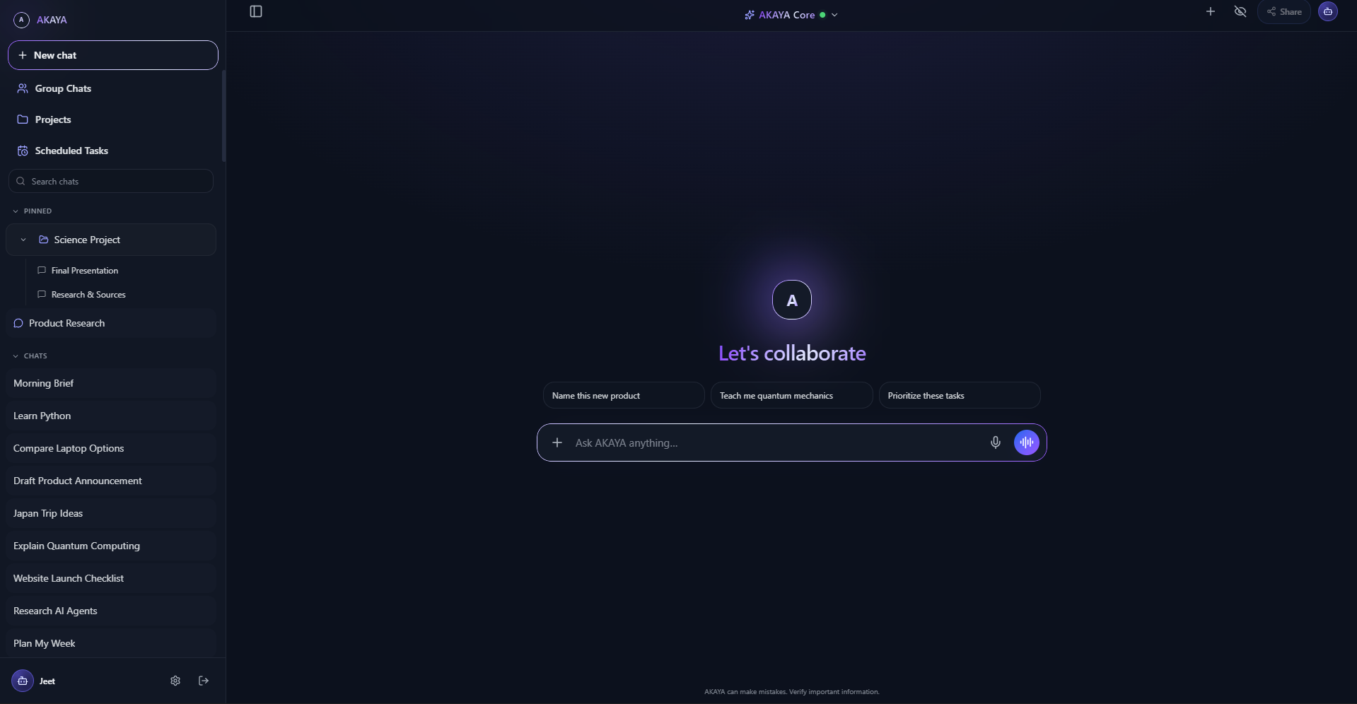 AKAYA workspace showing conversations, suggestions, projects, scheduled tasks, and the composer