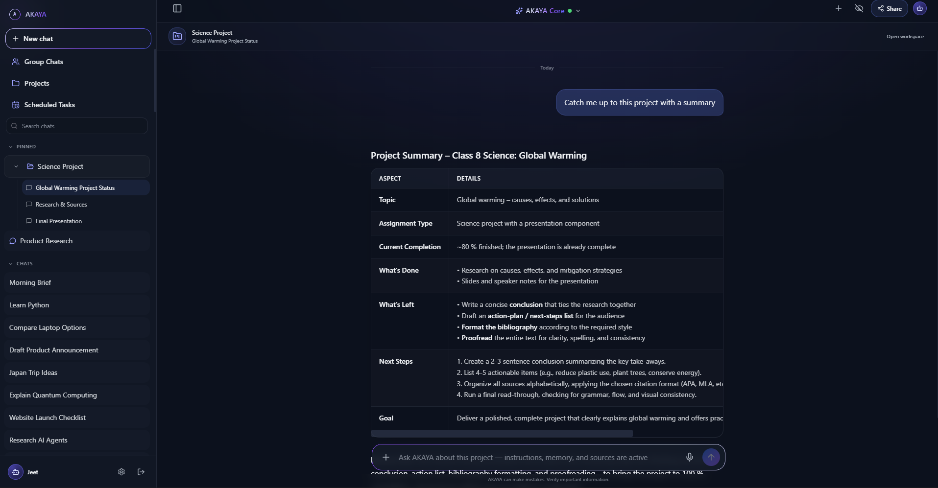 AKAYA Science Project workspace showing a structured project status summary
