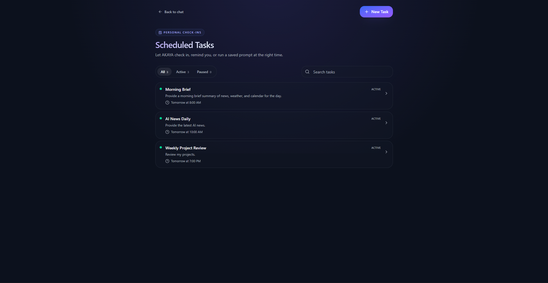 AKAYA Scheduled Tasks workspace showing three active recurring check-ins